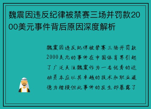魏震因违反纪律被禁赛三场并罚款2000美元事件背后原因深度解析