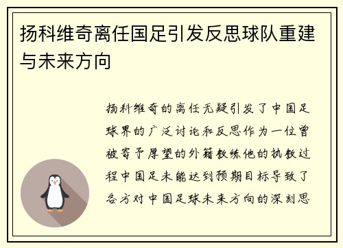 扬科维奇离任国足引发反思球队重建与未来方向
